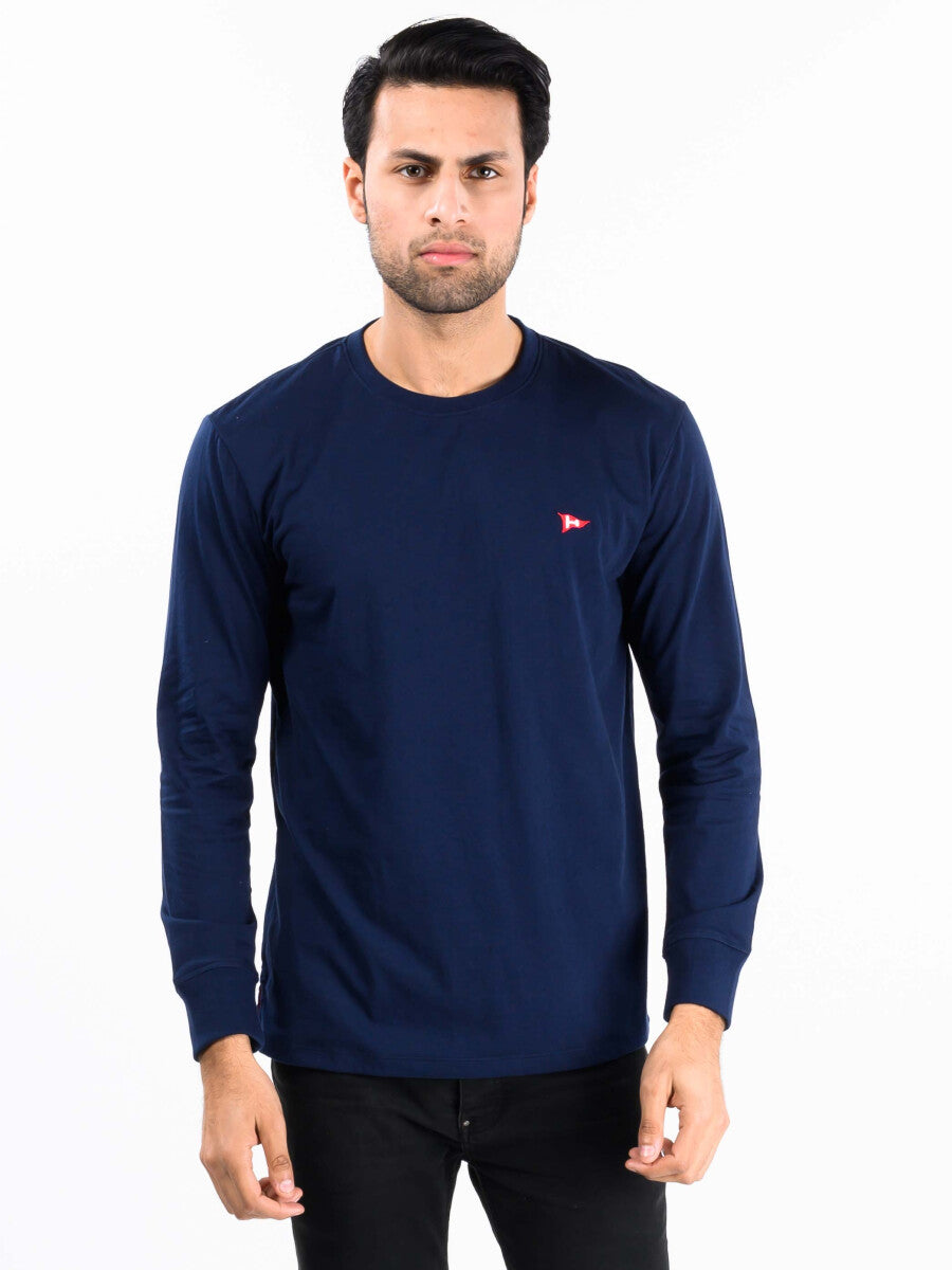 Men Navy Blue Solid Full Sleeves T Shirt